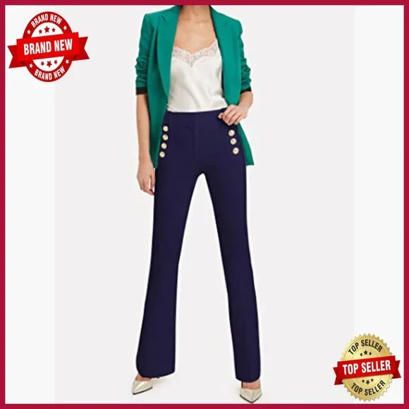 High Waist Double Breasted Flared Sailor Trousers Pants with Hide Zipper - Picture 4 of 7